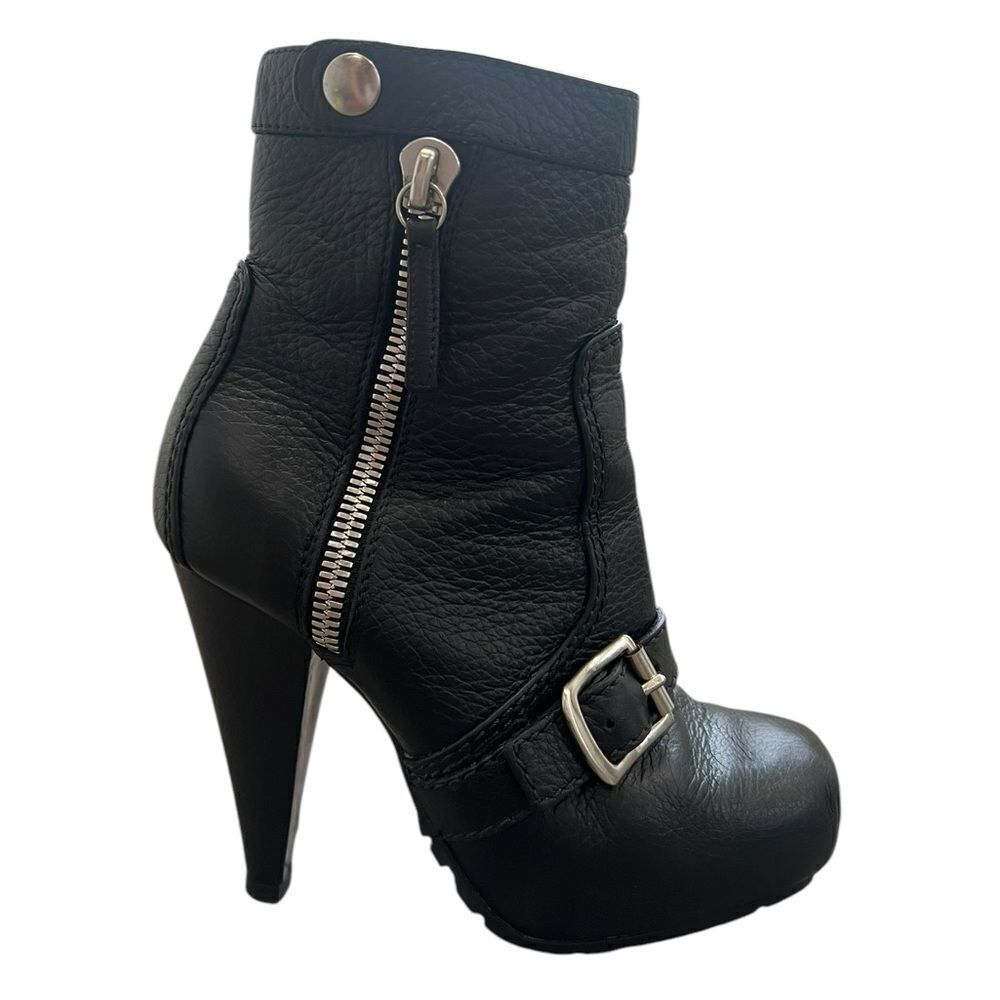 Proenza Schouler Black Leather Ankle Boots Size 35 Designer Heels Buckle & Zip